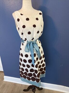 Jessica Howard White Midi Dress with Brown Polka Dots and Blue Waist Tie